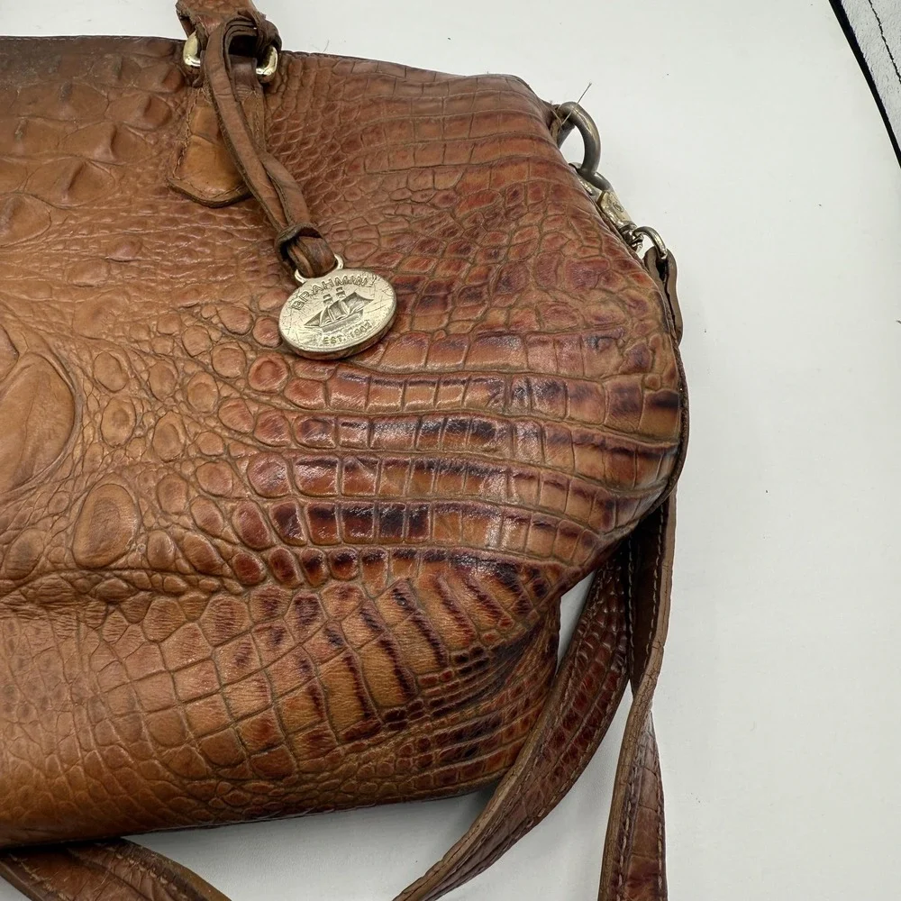 Brahmin Satchel Womens Brown Embossed Croc Leather Shoulder Bag Purse Distressed